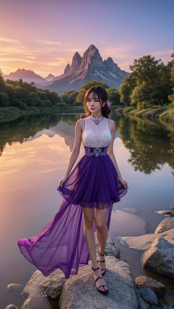 masterpiece,best quality,ultra detailed Breathtaking sunrise river purple