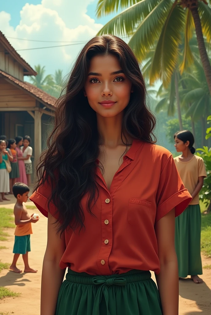 (Best quality), ((Masterpiece)), (Detailed), beautiful woman from Kerala,
The hair is thick with a side parting,T-shirt that covers the whole body
,white face,Hair standing in front,
,Lips closed she is smiling.Behind the the house, a number of people are standing next to a coconut tree and two friends are standing next to her full body Seen She is Wearing gren pants and a red shirt
A child will be given eggs