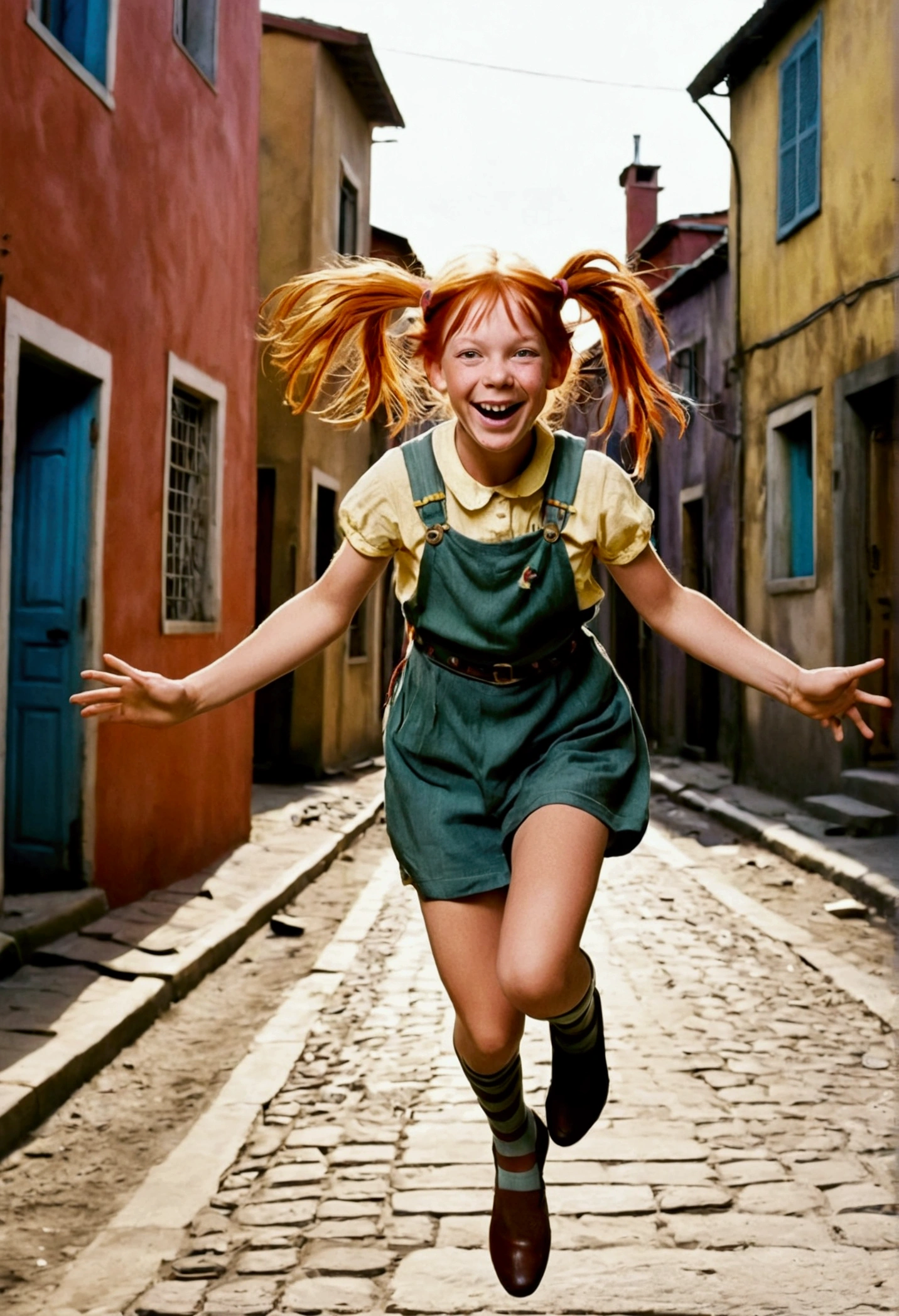 Pippi Longstocking at 22 years old. Naked, she jumps happily playing through the streets of a street of low houses.