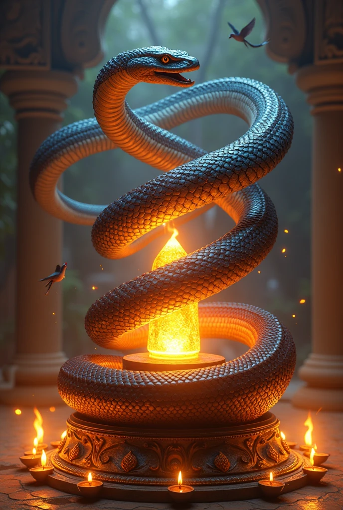 A majestic scene with a large, vibrant cobra wrapped around a glowing Shiva Lingam, its hood flared and fangs bared. The cobra's scales shimmer with iridescent colors in the warm orange and red glow of the surrounding flames. The Lingam is adorned with golden markings and sits on an intricately carved pedestal. Small oil lamps are placed around it, casting a soft light. In the background, mystical birds flutter in the warm atmosphere, adding to the sacred, spiritual ambiance of the scene.