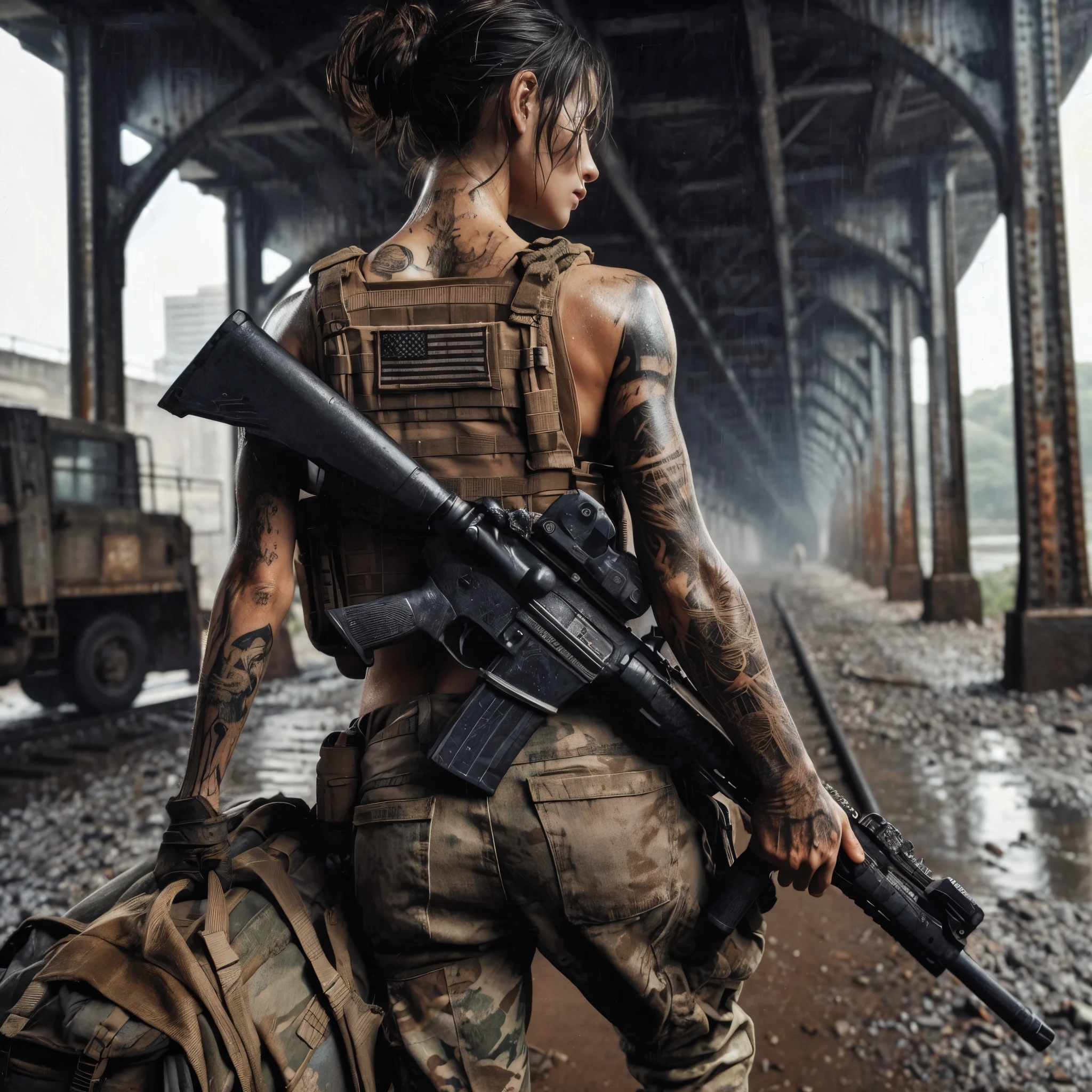 8k,Realistic Photo、Realistic Skin Texture、Superrealism、Japanese women in the U.S. military、Tattoo、Old Bridge、Sitting on abandoned junk、Talking to me、carrying a rifle on one's shoulder、Heavy equipment、rain、Covered in scars、It is dirty、muscle、The background is out of focus