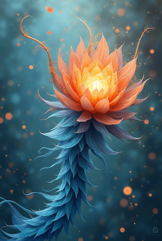 ethereal fantasy concept art of [blue and ginger scales blooming rose :1],ephemeral filigree distortion,from above,[muted colors : vivid colors :5],magnificent,celestial,ethereal,painterly,epic,majestic,magical,fantasy art,cover art,dreamy,