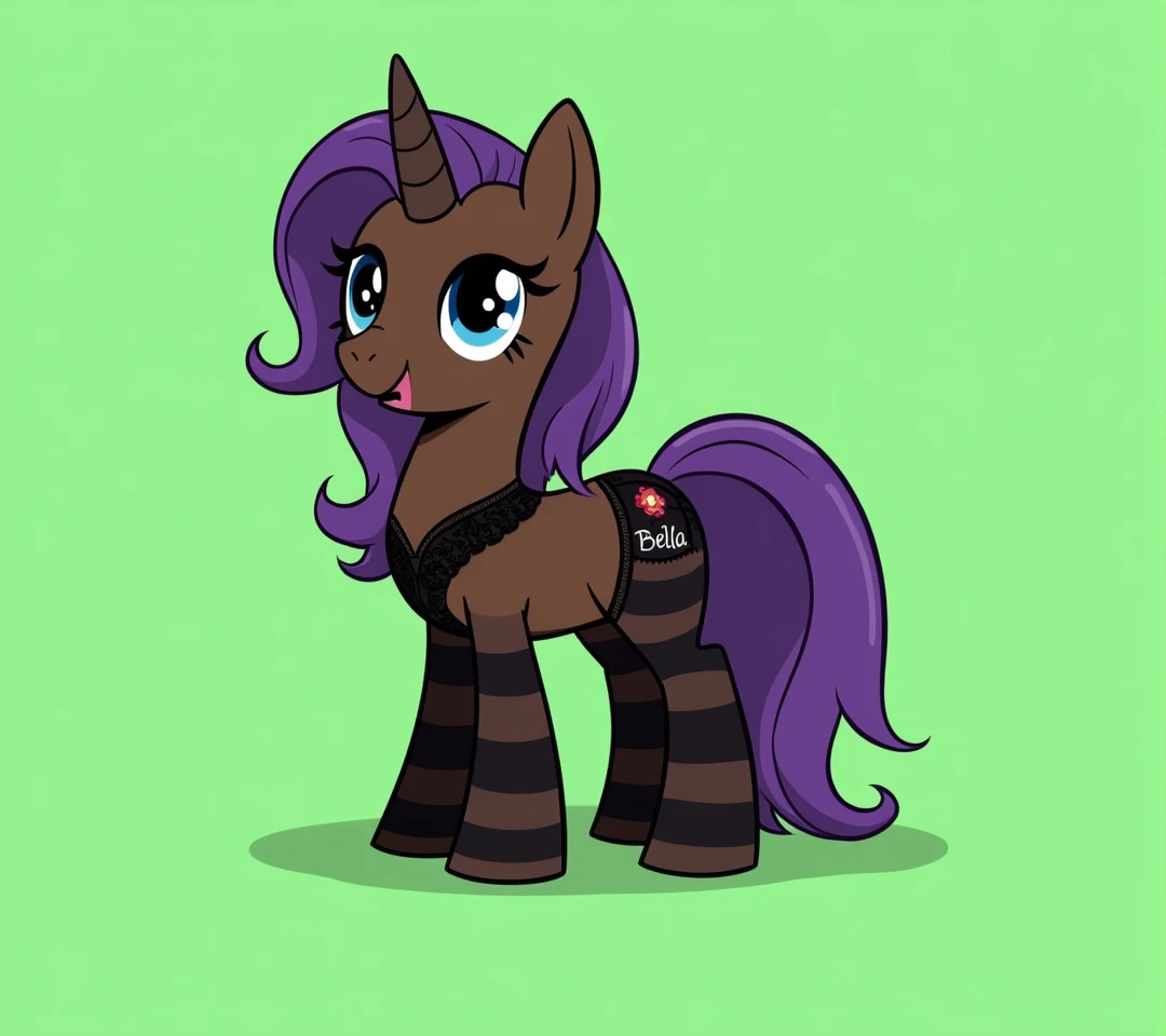 (My little pony), adult content, detailed face, black panties, purple hair, dark brown body, dark blue eyes, eyelids, eyeshadow, bow, (big breasts), seductive face, (high detailed), (black thong panties), lace camisole top, striped stockings, (cleavage line), text "Bella", erotic, sexy view, sexy pony, ((pixar style))