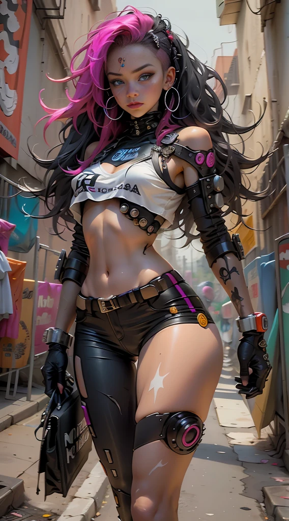 Curly pink hair, Thick thighs defined by the woman&#39;s body, big breasts, cybernetic body parts, Walk towards the camera, Black and yellow clothing, cyberpunk city, evening