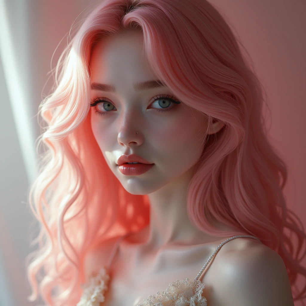 (((Ultrarealistic))) photoshot, masterpiece, top quality, (pale skin), (ultra-detailed face and eyes:1.1), 1 girl, adult, plunging neckline, (Eye make up, mask) , ((large detailed lips)), ((rosa welliges Hair)), ((Chyolka)) , ((natural breasts)). ((to pose)), photoshot-Shooting, studio ((Contour light)), (The play of light and shadow), depth of field, bokeh, (Special attention to skin details: 1.2), (Light atmosphere of the frame, pastel colors, Colors black), ((portrait, close to the camera)) , ultra detailed,