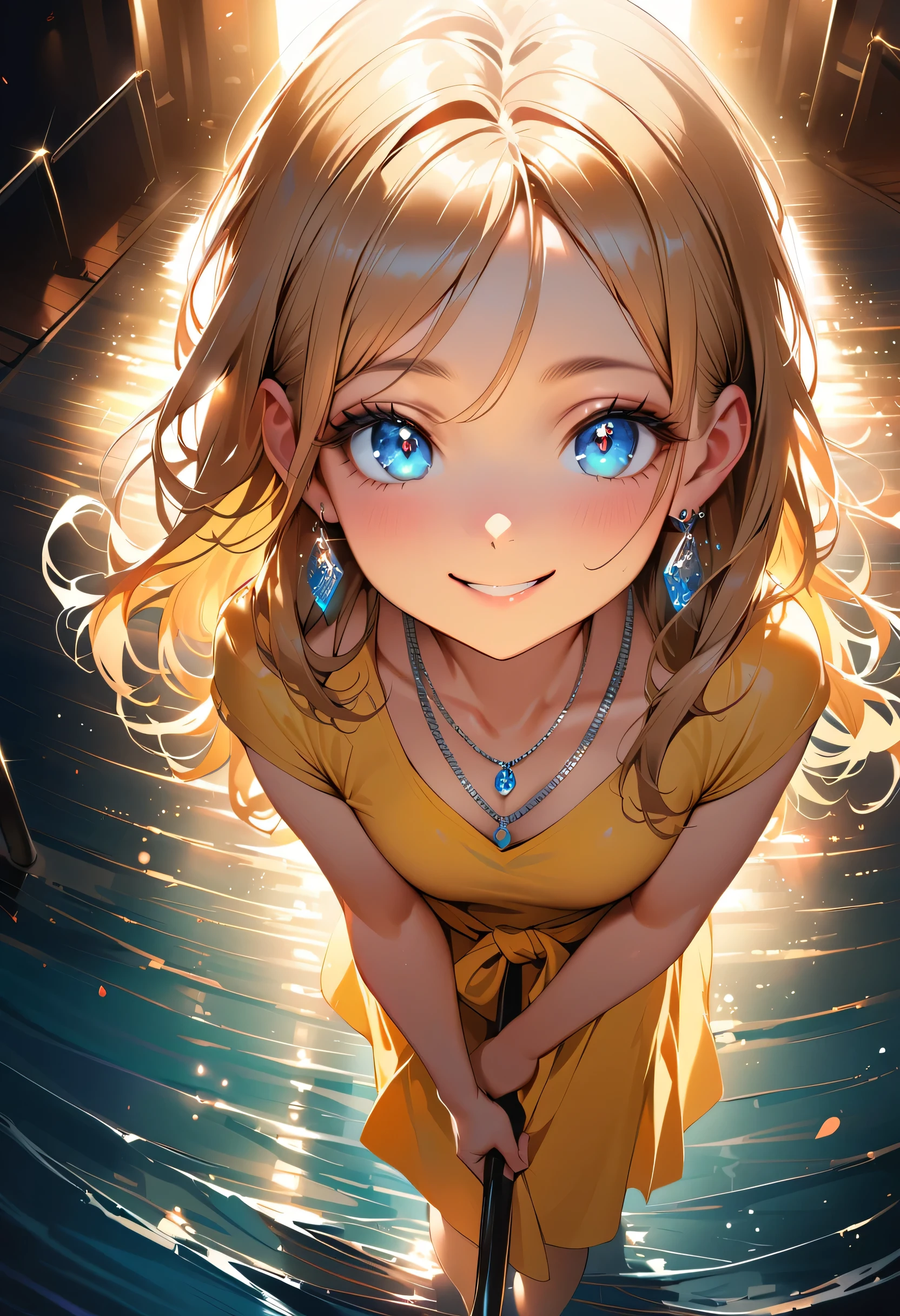 masterpiece, Highest quality, (((Walking by the sea in the evening)))、(((Open your eyes wide and smile)))、Raising awareness, Sax Blue, プラチナEarrings, Platinum Necklace, Yellow dress, One Girl, cute, (Dynamic Lighting:1.2), Cinema Lighting, Delicate facial features, Detailed eyes, Sharp pupils, Realistic student, Written boundary depth, ボケ Written boundary depth, Sharp focus, (Very detailed, bloom, Shine:1.4), Lots of little gems, (((long_hair))), Twin tails、Earrings、分けた前hair、銀hair、whole body、Ultra close-up footage、The top is transparent up to the chest.、See-through design。The bottoms are a very short navy blue pleated skirt.、Fits snugly around the waist。The background is simple white.、this、The text is easier to see.。The light source is a soft light from the front....、The overall atmosphere is bright and clean....。