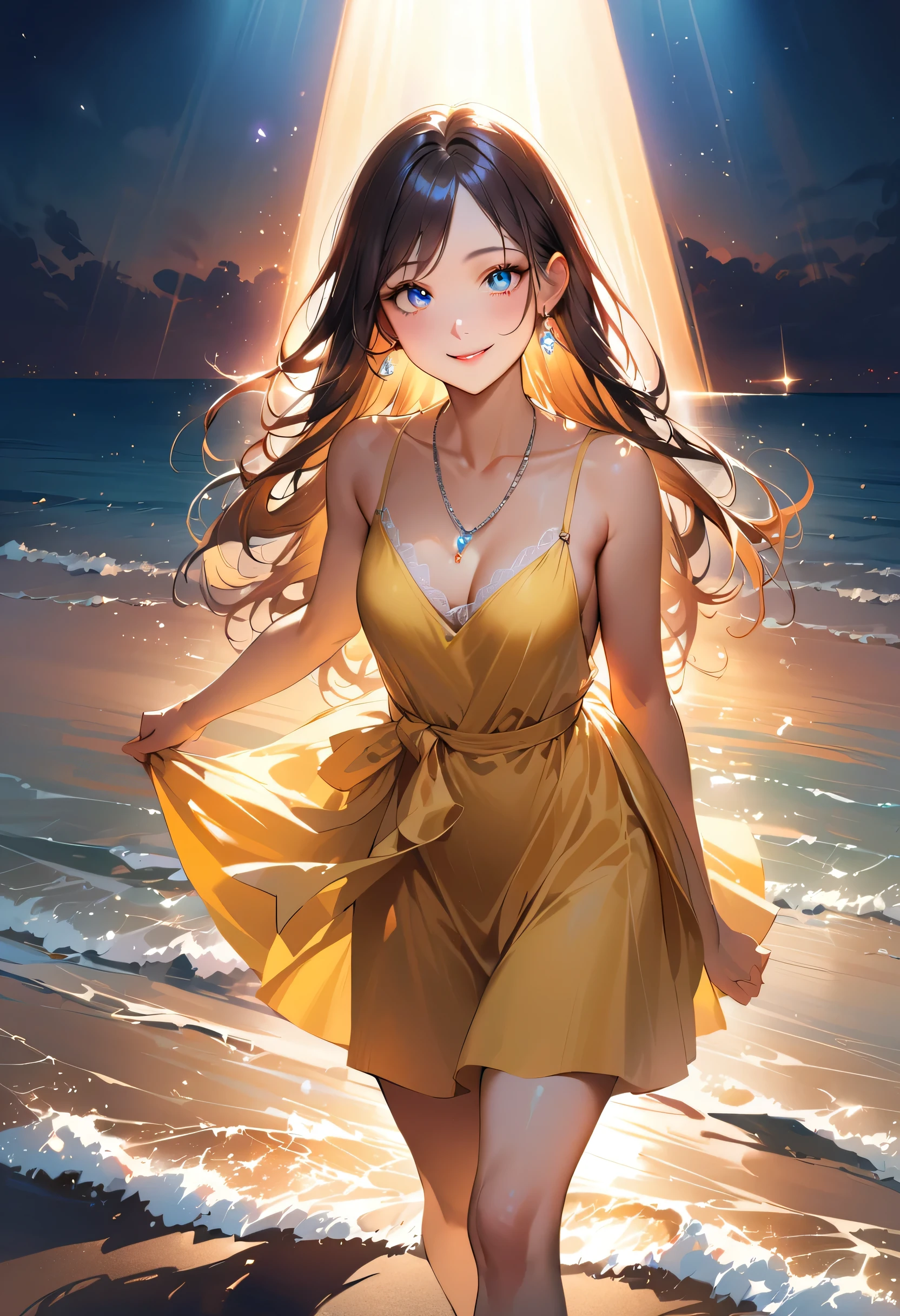 masterpiece, Highest quality, (((Walking by the sea in the evening)))、(((Open your eyes wide and smile)))、Raising awareness, Sax Blue, プラチナEarrings, Platinum Necklace, Yellow dress, One Girl, cute, (Dynamic Lighting:1.2), Cinema Lighting, Delicate facial features, Detailed eyes, Sharp pupils, Realistic student, Written boundary depth, ボケ Written boundary depth, Sharp focus, (Very detailed, bloom, Shine:1.4), Lots of little gems, (((long_hair))),　Twin tails、Earrings、分けた前hair、銀hair、whole body、Ultra close-up footage、The top is transparent up to the chest.、See-through design。The bottoms are a very short navy blue pleated skirt.、Fits snugly around the waist。The background is simple white.、this、The text is easier to see.。The light source is a soft light from the front....、The overall atmosphere is bright and clean....。