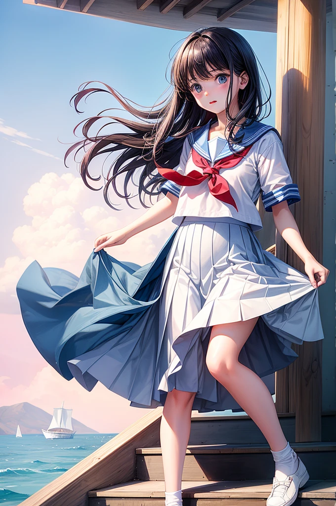 One Girl, Highest quality、Cinema Lighting、Sailor suit、Long skirt、 Climbing the stairs、White panties,On the mast of a ship