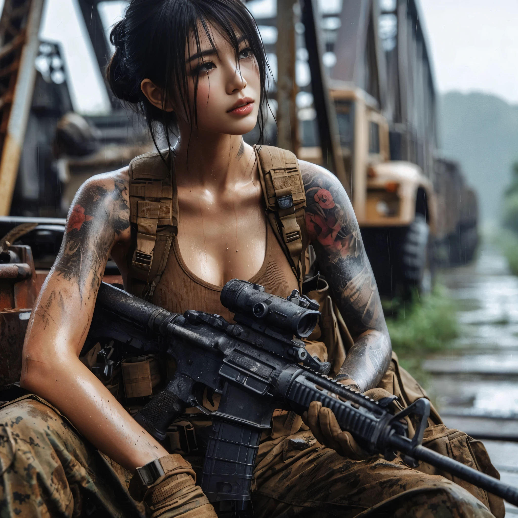 8k,Realistic Photo、Realistic Skin Texture、Superrealism、Japanese women in the U.S. military、Tattoo、Old Bridge、Sitting on abandoned junk、Talking to me、carrying a rifle on one&#39;s shoulder、Heavy equipment、rain、Covered in scars、It is dirty、muscle、The background is out of focus