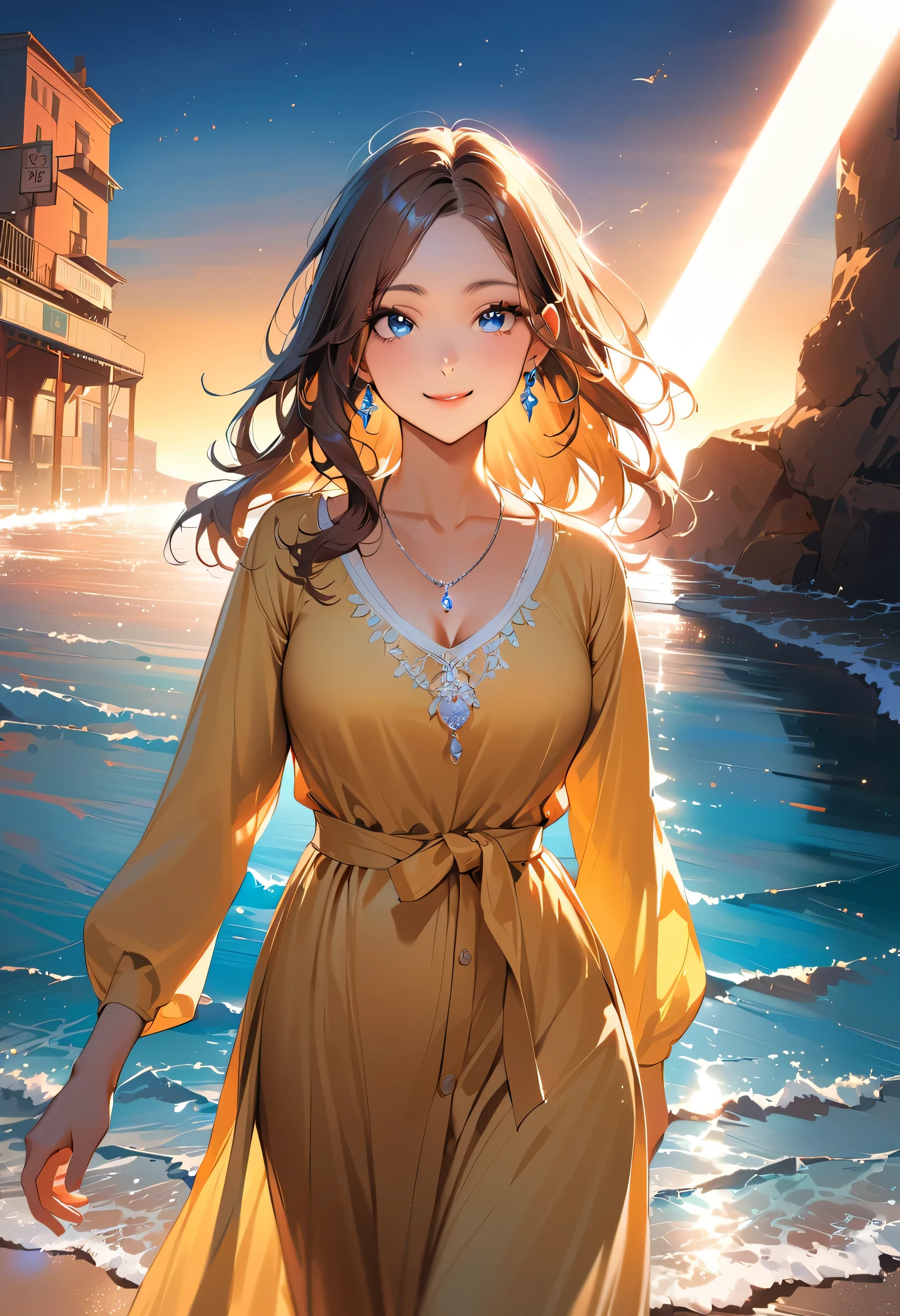 masterpiece, Highest quality, (((Walking by the sea in the evening)))、(((Open your eyes wide and smile)))、Raising awareness, Sax Blue, プラチナEarrings, Platinum Necklace, Yellow dress, One Girl, cute, (Dynamic Lighting:1.2), Cinema Lighting, Delicate facial features, Detailed eyes, Sharp pupils, Realistic student, Written boundary depth, ボケ Written boundary depth, Sharp focus, (Very detailed, bloom, Shine:1.4), Lots of little gems, (((long_hair))), Twin tails、Earrings、分けた前hair、銀hair、whole body、Ultra close-up footage、The top is transparent up to the chest.、See-through design。The bottoms are a very short navy blue pleated skirt.、Fits snugly around the waist。The background is simple white.、this、The text is easier to see.。The light source is a soft light from the front....、The overall atmosphere is bright and clean....。