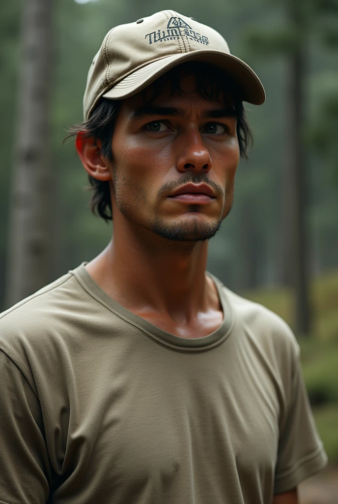 Make a realistic man in his 20s who is in a survival habit, thin man with t-shirt and cap