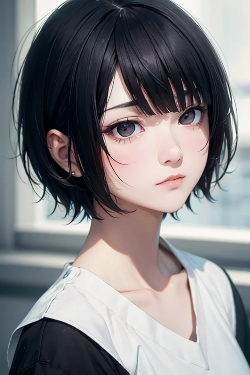 black hair, short hair, expressionless, depth of field, UHD, best quality, masterpiece