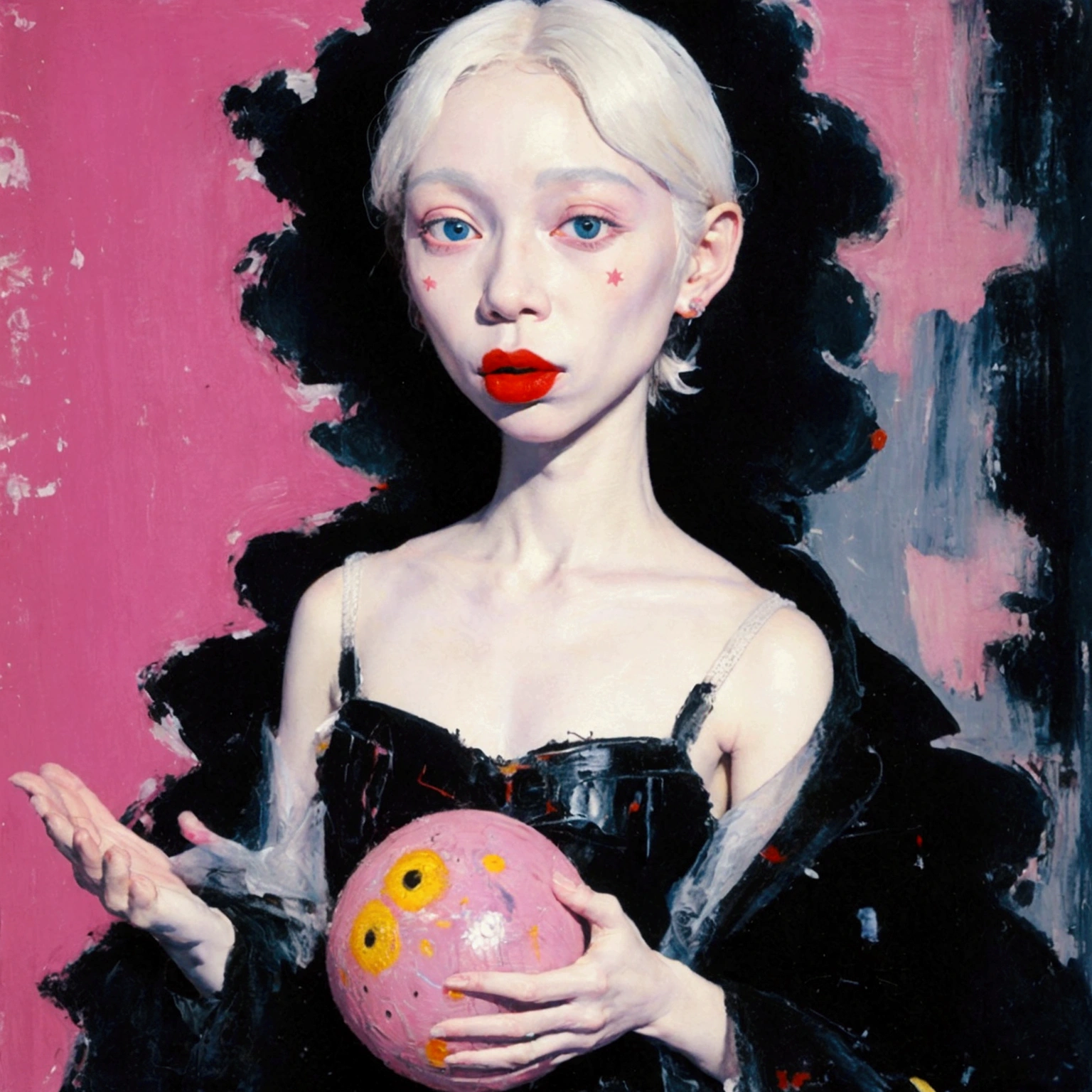 **flat oil painting depicting a humanoid albino old man, "big mouth", "flower in hand", "big head", "pink moon", "black night studded with stars", painting in the style of Jean-Michel Basquiat.**