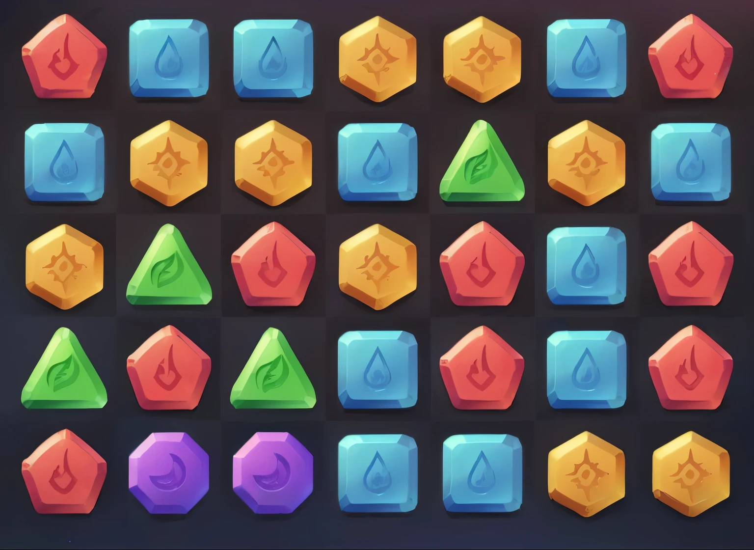 A set of colored dice with different symbols, colored gem, colorful gem, shiny gem, gem, gem, 无限gem, Game Icon Assets, gem迷阵, gem and gold, Hexagonal stone, Game UI Asset Design, Precious Stone, Game Textures, Power runes, Holographic Runes, precious gem, game interface, gemtones