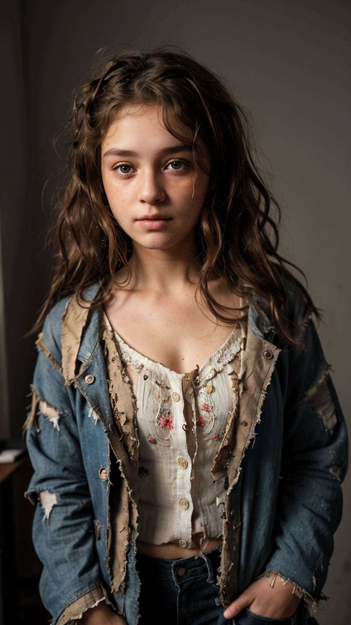 (model shoot style), A sad and homeless ((wear old, torn clothes)), (shy), 1 girl, standing alone, brownhair, curly and messy, very highly detailed face, gorgeous eyes, [plumpness], adorable, with rosy cheeks and bright, sad eyes, incredibly beautiful, (rembrandt lighting), Zeiss lens, ultra realistic, (highly detailed skin:1.2), 8k hd, dslr, Dramatic embroidery light, high qualiy, Fujifilm XT3,