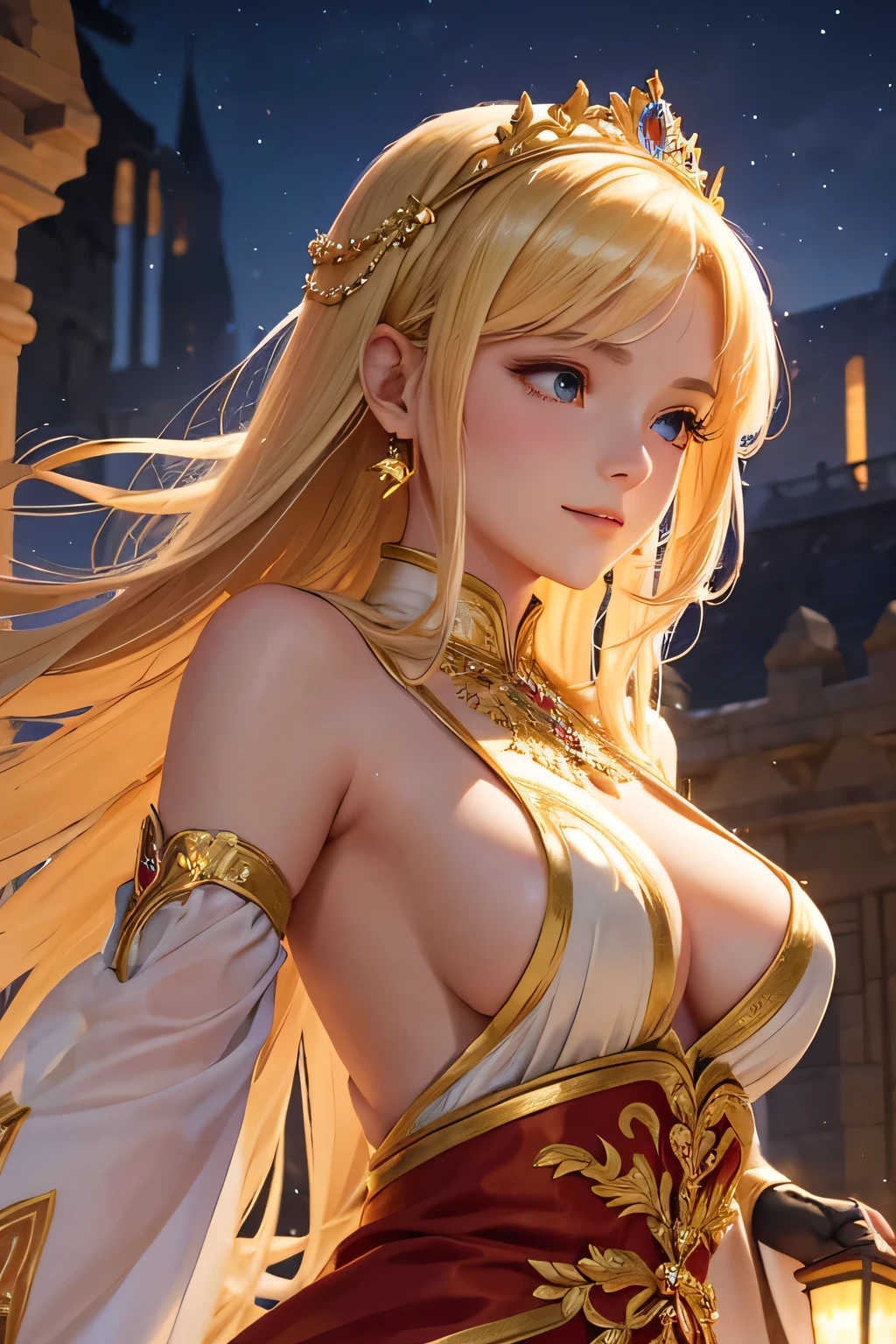 "A beautiful blonde princess with long hair performs a traditional dance under the moonlight in the grand courtyard of Camelot, the capital of Albion Kingdom. She wears a stunning medieval-style gown made of luxurious velvet, adorned with intricate gold embroidery. The courtyard is illuminated by torches and the soft glow of lanterns, casting a warm, magical light on the scene. The grand stone buildings and lush gardens create a majestic backdrop. The princess's graceful movements and radiant smile captivate the crowd, who watch in awe, clapping and cheering under the starry night sky.",(((Upper body)))