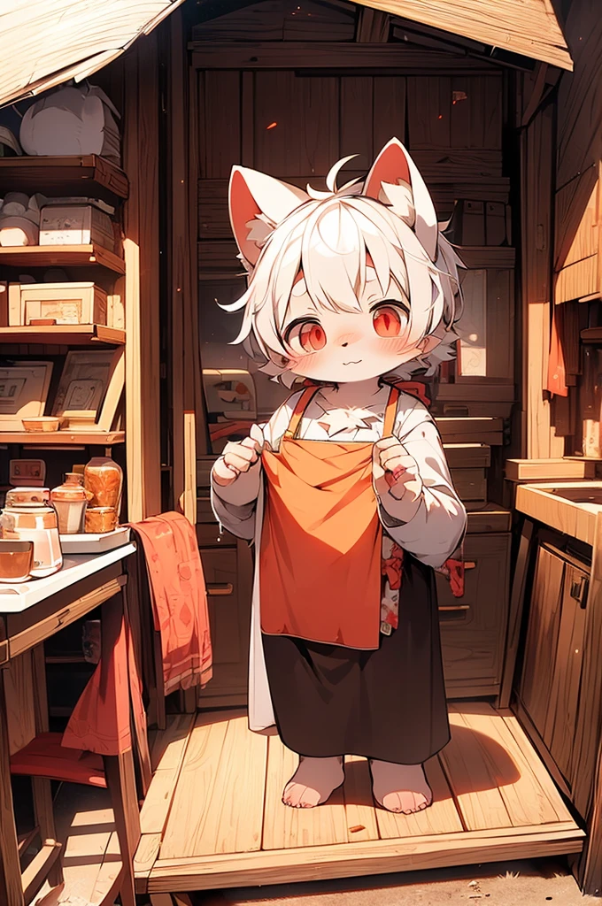 light blue fur, detailed fur, red eyes, white hair, cute, standing, master masterpiece, high resolution, 8k, detailed background, high quality, girl, (by Dagasi: 1.1), solo, nude apron