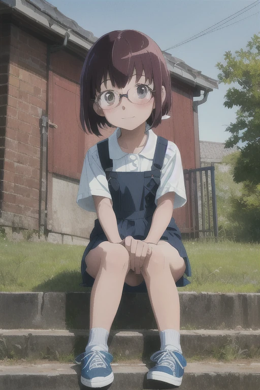 Highest quality, Ultra-high resolution, (Realistic: )2D official style cel animation,((２***********s sitting in a row))Primary school students、Very short stature，Thin thighs，brown、Short Bob、Glasses、Blue Check Mini Skirt,summer shirt,Unbutton、(Children's panties),sneakers,Full body portrait,(From below),Station stairs,sunny,Spread your legs、from the front、blush、