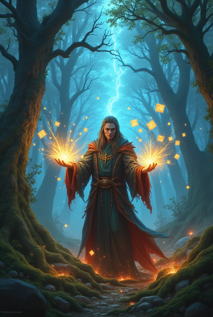 male wizard fairy, corrupting themselves to evil, he conquered omnipotence, he is condemning the place using a spell where squares of energy come out of his hand. in an enchanted forest full of magic