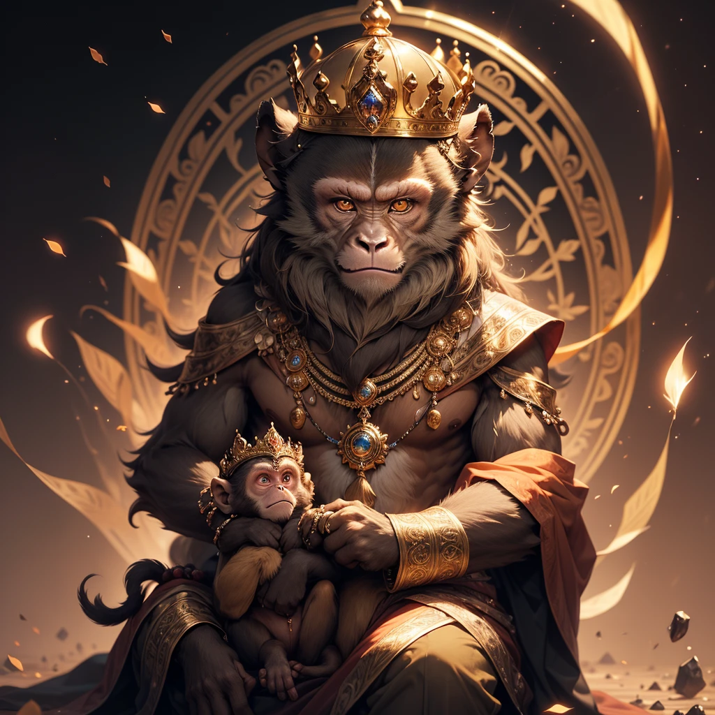 Imagine a serene monkey with rich brown fur, reflecting a warm, earthy tone. This male monkey has a calm and peaceful expression, embodying a sense of tranquility and wisdom. Its eyes are gentle and thoughtful. Atop its head sits a gold crown reminiscent of the one worn by the mythical Wukong, adding an aura of regal grace. The crown is intricately designed with elegant patterns and perhaps adorned with small, precious gems that catch the light. The monkey's posture is relaxed, exuding a sense of inner calm and enlightened composure. The overall scene is one of harmony, blending the majestic with the serene, high res, ultrasharp, 8K, masterpiece, looking at viewer