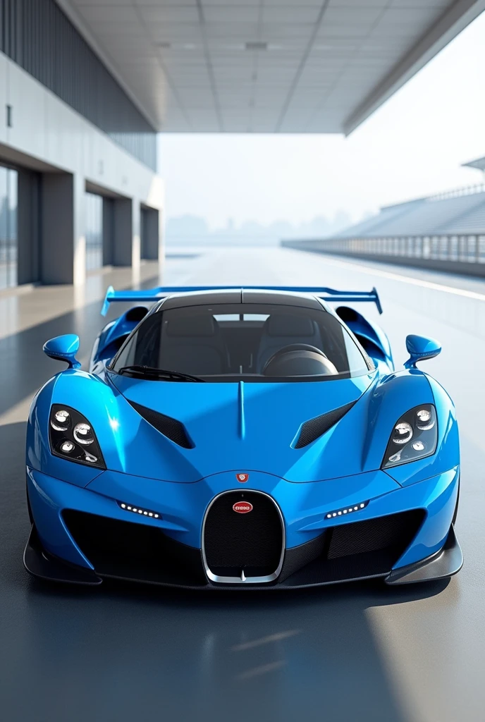 "A high-resolution image of a Bugatti EB110, specifically focusing on its unique design features from the 1990s. The car should be in a bright blue color, with its iconic quad headlights, low and wide stance, and the distinct rear wing. The background should be a simple, modern setting like an empty racetrack or a sleek, minimalistic garage, ensuring that the focus remains on the EB110. The image should capture the car from a slightly angled front view, showcasing its classic supercar proportions and aerodynamic styling