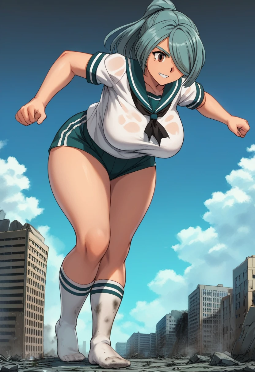 ultra-detailed, Beautiful breasts, retro anime style, front view, dynamic effect, dynamic shot, 

athletic curvy physique, inverted body type, attractive feminine curves, big breasts, curvy legs and arms, feminine curvy figure, (thick thighs, thick calves, thick voluptuous legs, big curvy hip, bare knees), ((style of plump voluptuous body)), 

over-the-calf socks, navy track short, white sailor uniform, white short-sleeved sailor shirt, 
light blue high ponytail hair, one eye covered with bangs, 

1 beautiful giant boy, looking down with gallant smile, (running with destroying buildings, leaning forward, stepping forward, put one foot forward), rampage, destroying city, destroying buildings, corrupted buildings, running with rolling rubble dust up, crushing building with his hand, crushing one small man with his foot, scattered rubble around his steps, 

building size, nathan, 