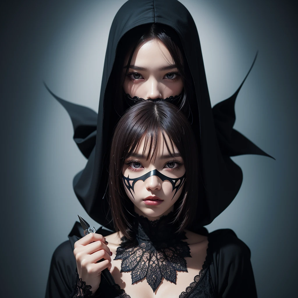 A visually striking and enchanting digital art piece, which masterfully utilizes negative space patterns to create a breathtaking image. A mysterious and elegant female figure stands confidently, her dark hood adorned with intricate gothic designs. She has a fat face that is not pretty and (((no mask))). In her hand, she holds a sinister yet beautiful intricate dagger. The negative space patterns transform into a surreal and mesmerizing background, perfectly framing the subject and captivating the viewer's attention. The overall piece embodies dark fantasy, capturing the essence of vibrant painting, portrait photography, and illustration, all combined in a single mesmerizing work of art., vibrant, dark fantasy, portrait photography, painting, illustration