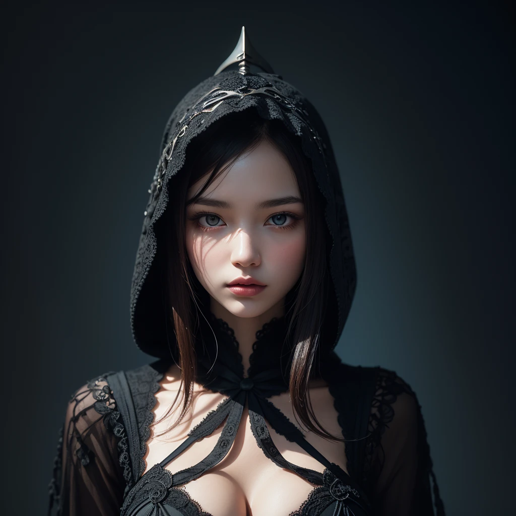 A visually striking and enchanting digital art piece, which masterfully utilizes negative space patterns to create a breathtaking image. A mysterious and elegant female figure stands confidently, her dark hood adorned with intricate gothic designs. She has a fat face that is not pretty and (((no mask))). In her hand, she holds a sinister yet beautiful intricate dagger. The negative space patterns transform into a surreal and mesmerizing background, perfectly framing the subject and captivating the viewer's attention. The overall piece embodies dark fantasy, capturing the essence of vibrant painting, portrait photography, and illustration, all combined in a single mesmerizing work of art., vibrant, dark fantasy, portrait photography, painting, illustration