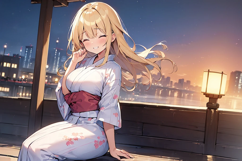 (Masterpiece, Top quality:1.5), (1 beautiful girl, solo), sitting, Blonde, medium Hair, wavy Hair, asymmetry bangs, swept bangs, airy hair, large breasts:1.2, 16 year old, standard weight, (yukata :1.3), grin:1.3, blush, beautiful scene of street, blurry background, magnificent panorama view, blurry background, closed eyes