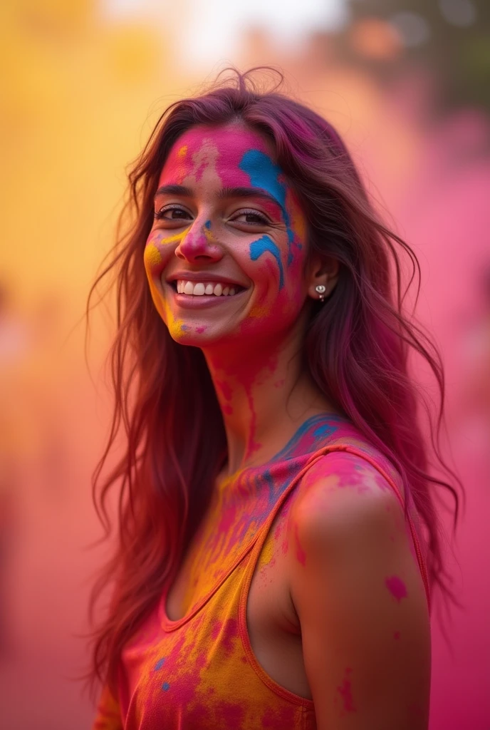 beautiful woman playing holi, surrounded by vibrant colors.