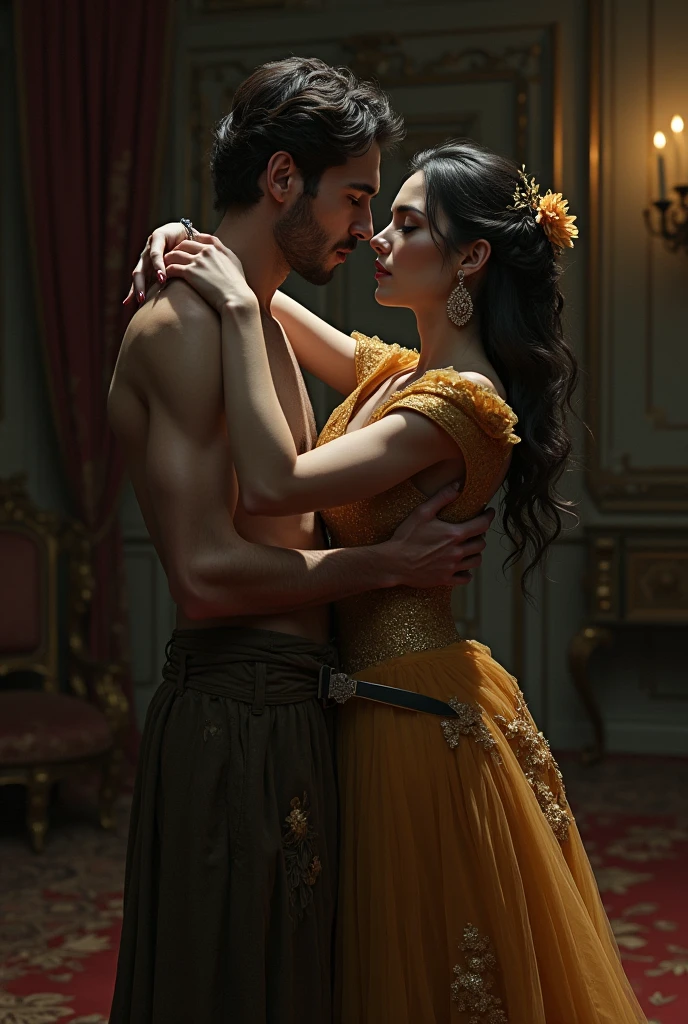 a woman wearing a luxury cloth is hugging a poor skinny man but she's holding a knife in her hand and ready to stab him