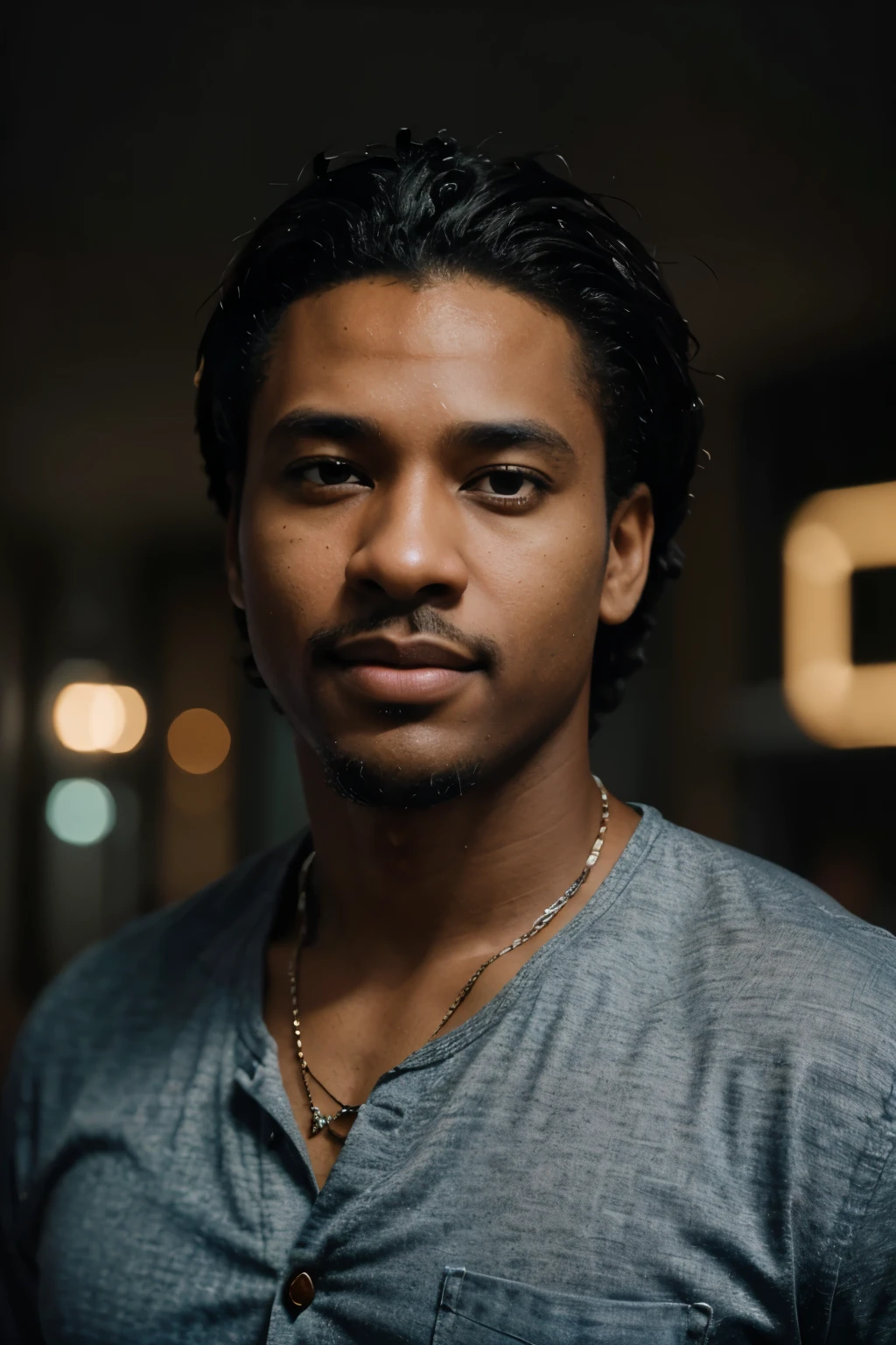 a handsome African American man in his early 30s, with black hair, brown eyes, and a goatee, wearing a casual outfit, in a cinematic disco lighting setting, headshot, realistic, (best quality,4k,8k,highres,masterpiece:1.2),ultra-detailed,(realistic,photorealistic,photo-realistic:1.37),HDR,UHD,studio lighting,ultra-fine painting,sharp focus,physically-based rendering,extreme detail description,professional,vivid colors,bokeh,portrait