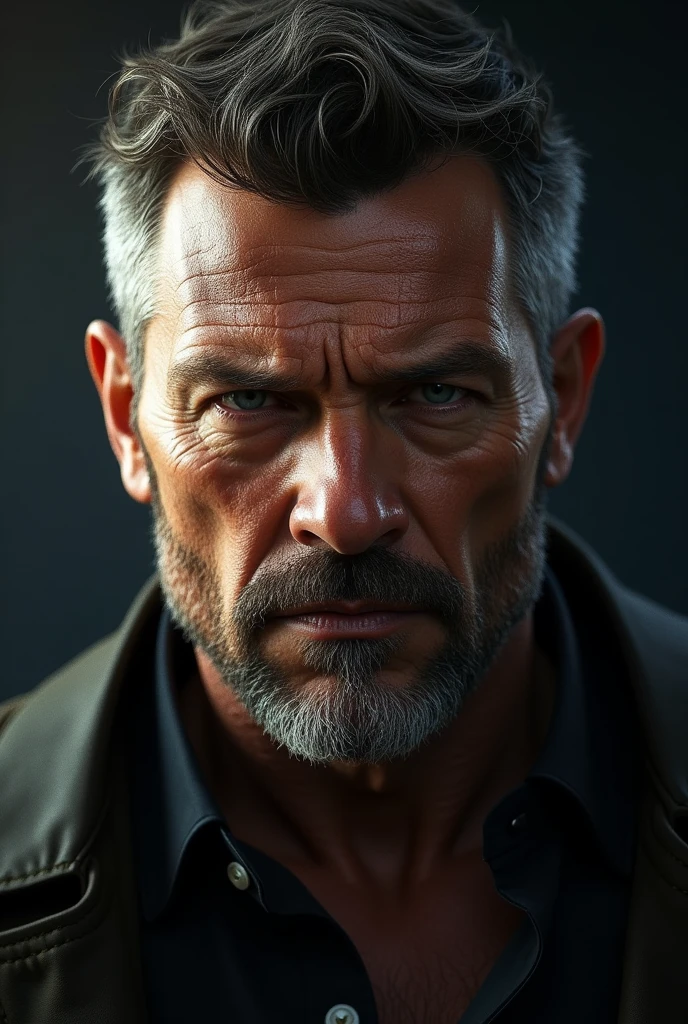 A man His features are strong and masculine, with sharp cheekbones and a chiseled jawline.