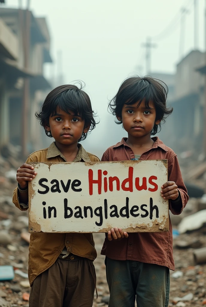 Create image of two poor kids holding banner that says 'save Hindus in bangaldesh' background is full of destruction