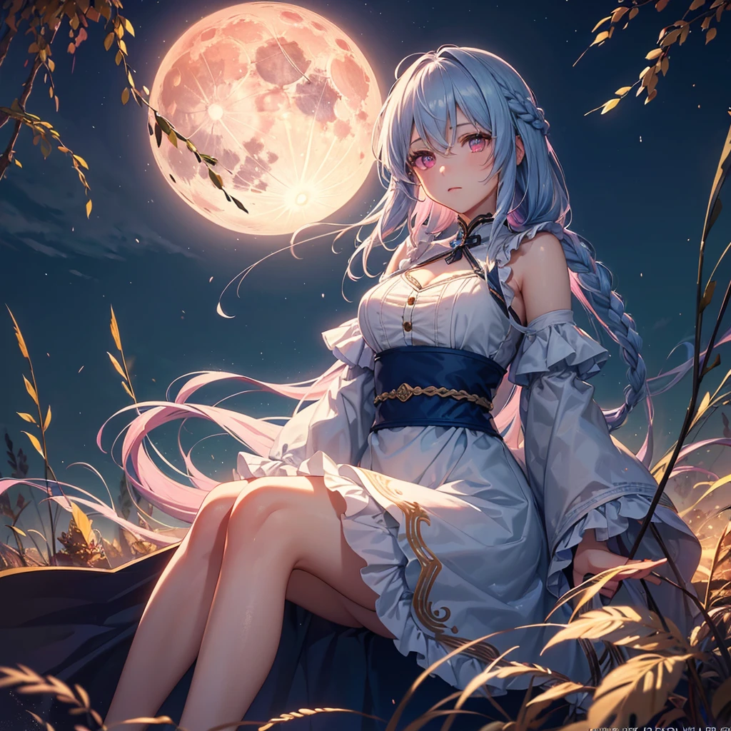 (Sky blue braided medium length hair), (Pink eyes),(Fair skin) ,(whole body),(One Girl),(harvest moon),(A large amount of Miscanthus sinensis in the background),autumn,(full moon),(masterpiece, Highest quality, Very detailed, Best Shadow), (Detailed Background), (Beautifully detailed face), High Contrast, (Best lighting, Very delicate and beautiful), ((Cinematic Light)), Hyper Detail,8k, Dramatic Light, Intricate details