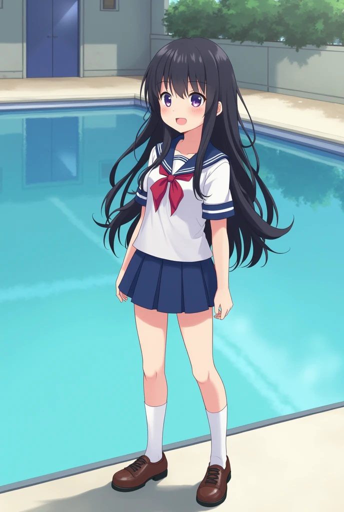 Standing by the pool at an empty school、Long black hair、Uniform summer uniform、mini skirt、Cute Face、Smiling、Full body portrait