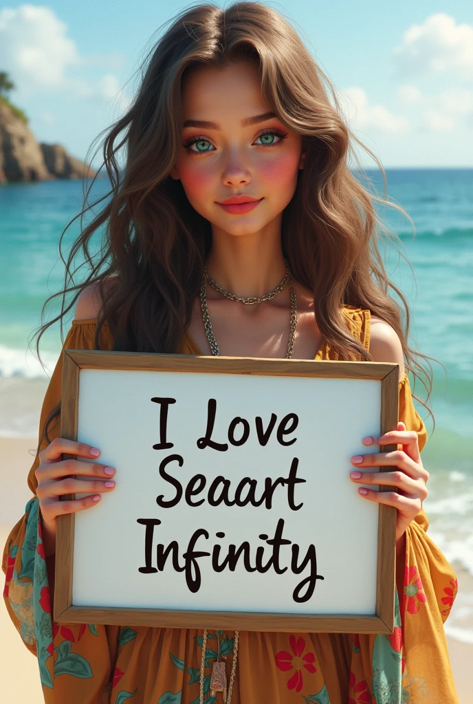 Beautiful girl with wavy long hair, bohemian dress, holding a white board with text "I Love Seaart Infinity" and showing it to the viewer