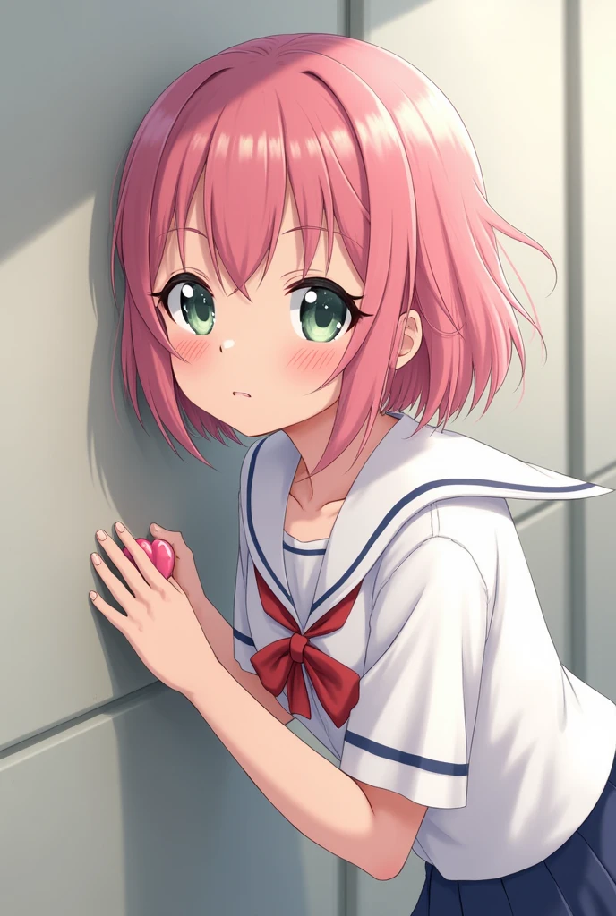 Highest quality、Two beautiful attractive high school girls(Brown hair short bob、Beautiful pale black eyes(Three white eyes))and(Pink hair medium long waves、Large light green eyes(Droopy eyes))、Pink-haired high school girl forced into a gentle kiss by the wall、uniform(Summer clothes、Private Schools)、Heart in hands、Beautiful anime-like face、whole body(No limb loss、No excess limbs)