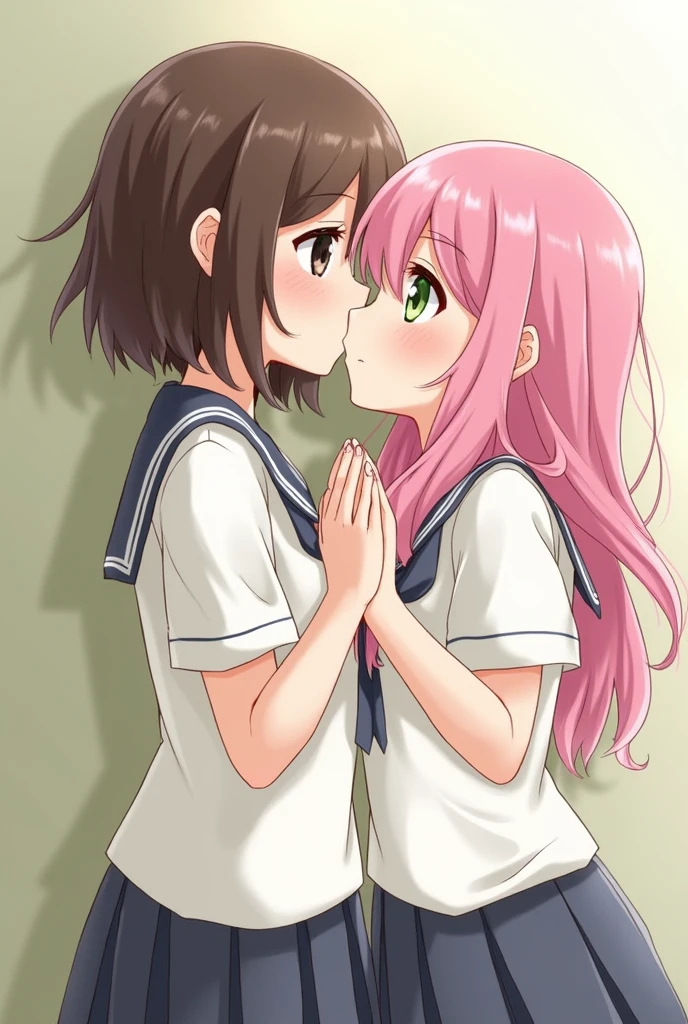 Highest quality、Two beautiful attractive high school girls(Brown hair short bob、Beautiful pale black eyes(Three white eyes))and(Pink hair medium long waves、Large light green eyes(Droopy eyes))、Pink-haired high school girl forced into a gentle kiss by the wall、uniform(Summer clothes、Private Schools)、Heart in hands、Beautiful anime-like face、whole body(No limb loss、No excess limbs)