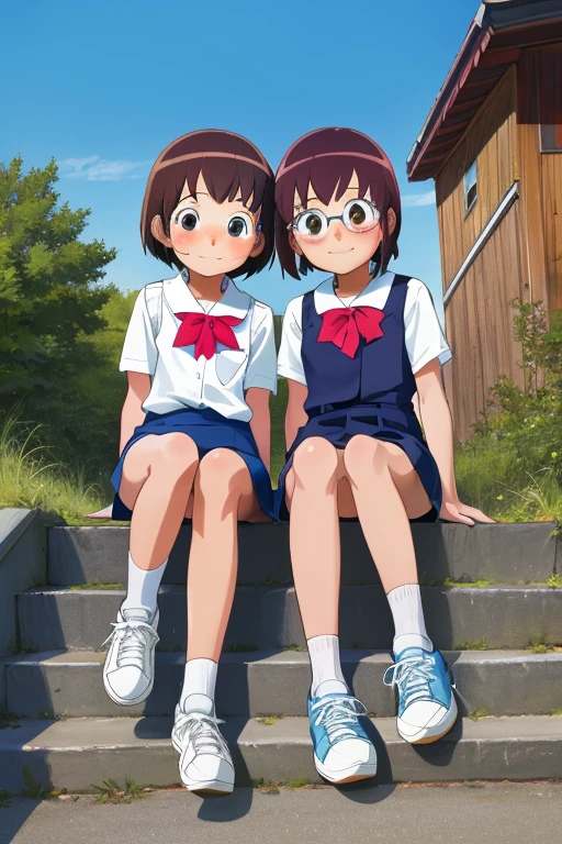 Highest quality, Ultra-high resolution, (Realistic: )2D official style cel animation,((２Little girls sitting in a row))Primary school students、Very short stature，Thin thighs，brown、Short Bob、Glasses、Blue Check Mini Skirt,summer shirt,Unbutton、(Children's panties),sneakers,Full body portrait,(From below),Station stairs,sunny,Spread your legs、from the front、blush、