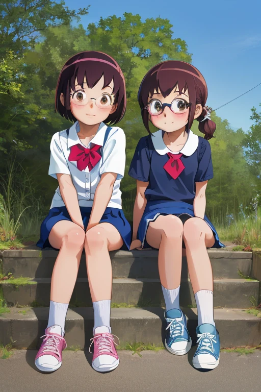 Highest quality, Ultra-high resolution, (Realistic: )2D official style cel animation,((２***********s sitting in a row))Primary school students、Very short stature，Thin thighs，brown、Short Bob、Glasses、Blue Check Mini Skirt,summer shirt,Unbutton、(Children's panties),sneakers,Full body portrait,(From below),Station stairs,sunny,Spread your legs、from the front、blush、