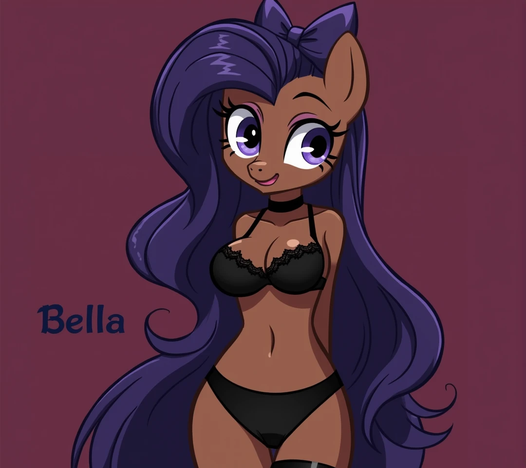 (My little pony), adult content, detailed face, black panties, purple hair, dark brown body, dark blue eyes, eyelids, eyeshadow, bow, (big breasts), seductive face, (high detailed), (black thong panties), lace camisole top, striped stockings, (cleavage line), text "Bella", erotic, sexy view, sexy pony, ((pixar style))