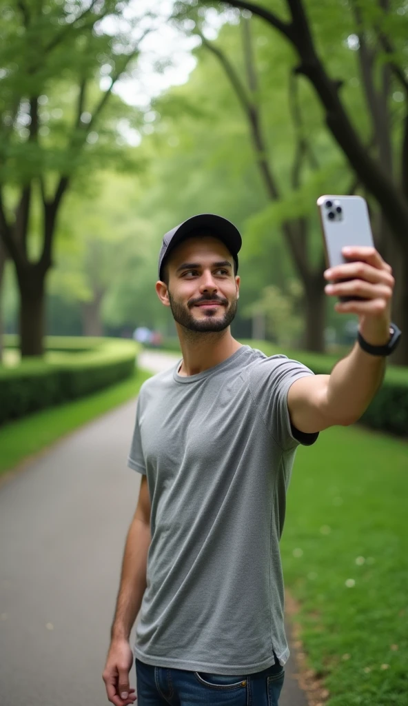 A man takes a selfie in a park wearing a t-shirt and a cap