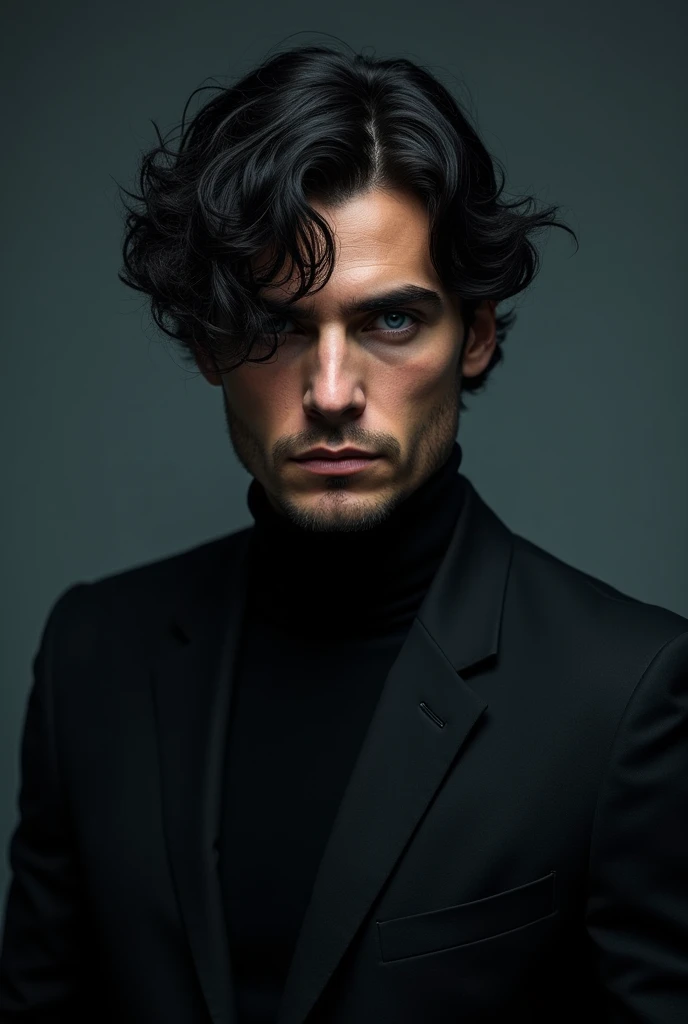 homem misterioso de cerca de 30 anos, com cabelos negros e desgrenhados que caem sobre sua testa. His eyes are a deep blue and have an enigmatic glow. He has a square chin and a serious expression., that hides your emotions.
His height is average, But he has an athletic stance and confident bearing. Ele geralmente veste roupas escuras e elegantes, which gives it an aura of mystery.
