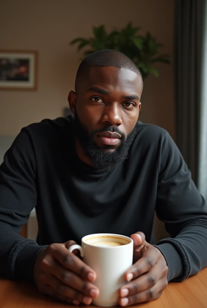 (1boy) Young black man, shaved black hair, looking like taylor Launer, beard close to his face well done, light brown red eyes. Youtuber sitting in front of the camera looking shooting videos for his YouTube channel, tidy room, with terror poles on the walls, hands with super details 5 fingers on each hand. On your table a hot coffee