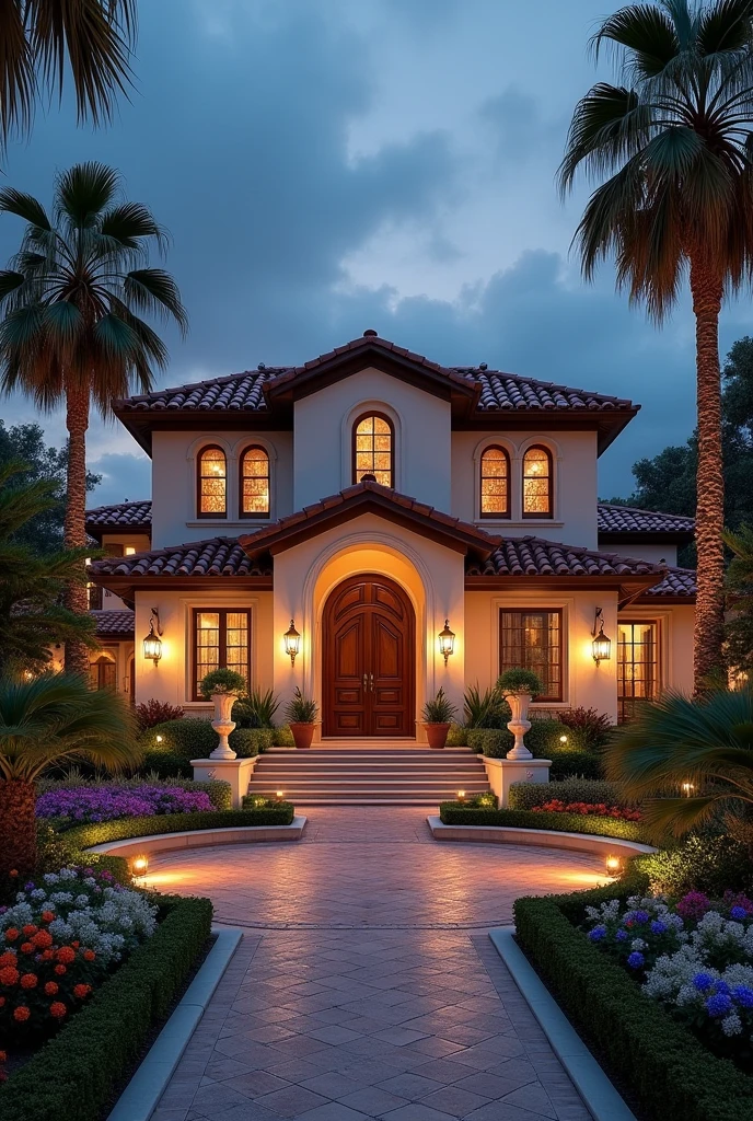    size: "1024x1024",
    prompt: "Create an image of a Mediterranean-style villa from the front, featuring a grand entrance with a circular driveway. The villa is surrounded by a lush garden filled with vibrant flowers, palm trees, and decorative statues. The architecture includes terracotta roof tiles, arched windows, and an elegant wooden door. The scene captures the soft glow of a sunrise, casting gentle shadows across the garden and entrance."
})```

#### Nighttime View with Illuminated Interior and Exterior

```dalle.text2im({
    size: "1024x1024",
    prompt: "Create a nighttime view of a Mediterranean-style villa with warm illumination from its windows and garden lights. The villa's elegant architecture is highlighted, with arched windows and terracotta roof tiles. Soft lights illuminate the pathways and hedges, while the moonlight casts a serene glow over the lush garden and exterior."
})```

Let's generate these images.