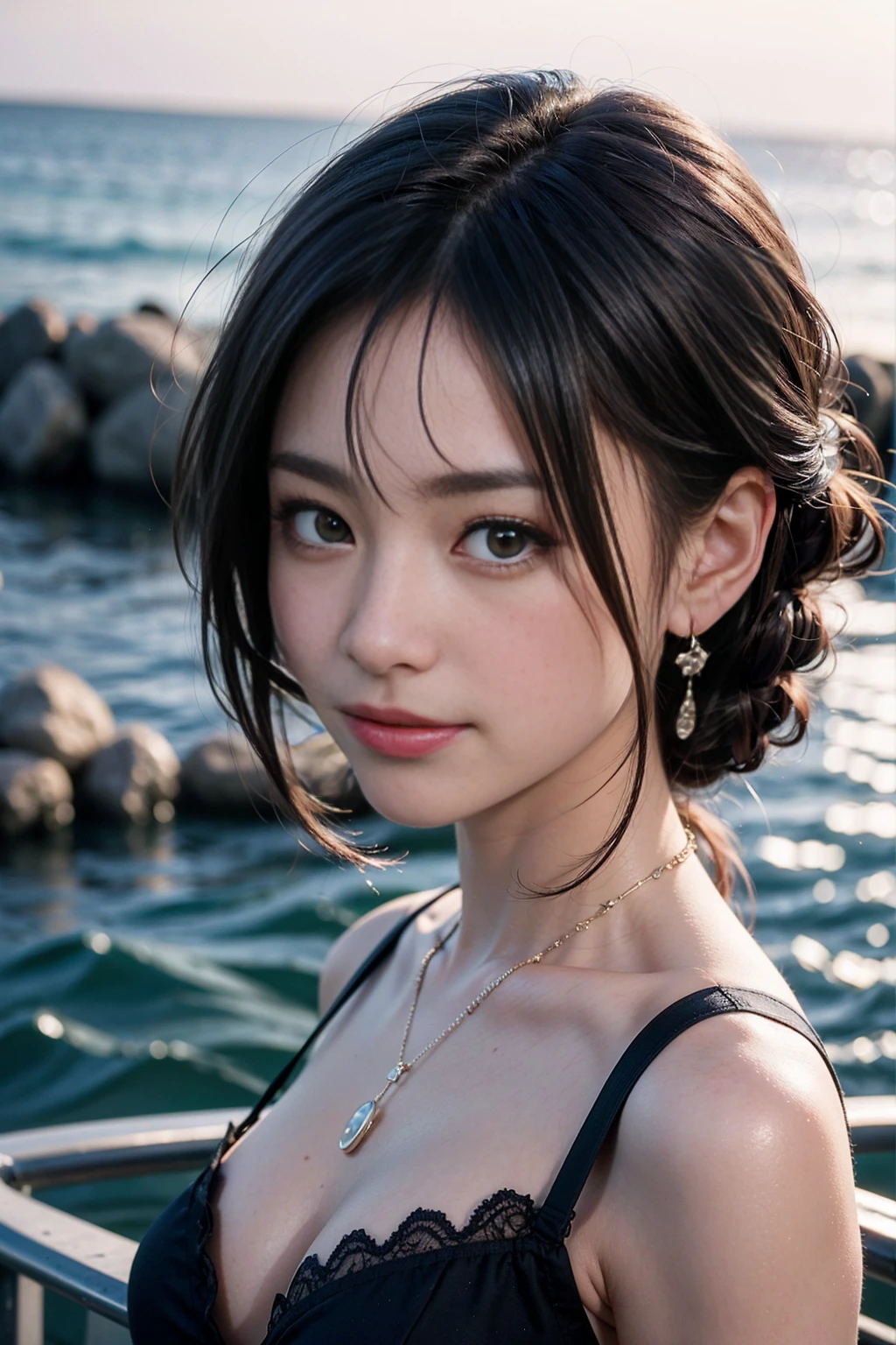 Side shot:1.3,cowboy shot,Staring at the distant sunset:1.4,(8k RAW Photo,Live shooting, highest quality,masterpiece:1.37),Ulzzang-6500-v1.1,extreme light and shadow,oily skin:1.6,shiny skin:1.6,detailed clavicle,lens flare,((1 girl)),qute idol,((soro)),3D,BREAK perfect eyes,Detailed and beautiful eyes,beautiful eyelashes,perfect anatomy,Remove the line of sight,(Aqours eyes),archaic smile,thin necklace:1.3,stylish Design ear piercing:0.3,A wristband:1.2,BREAK large breasts,cleavage:1.3,BREAK Wearing a floral print summer dress, sexy dress,Glossy black hair,hanging bangs:1.2, profile,BREAK(A woman with a cane on her cheek,A woman sitting on a block by the lighthouse and looking at the sea, long hair fluttering in the wind,Breakwater, Tetrapot, staring at the distant sunset, the beautiful sea reflected by the sunset, sunset sky, a scene like a movie, lighting like a movie),volumetric lighting,cinematic,Aestheticism,Fluid,Light Particles,depth of field,noise filter:1.6,Grey Film filter,lens flare,bokeh