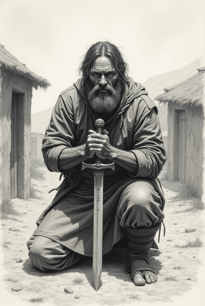 Drawing of a peasant with a sword kneeling