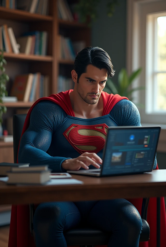Superman working on the laptop