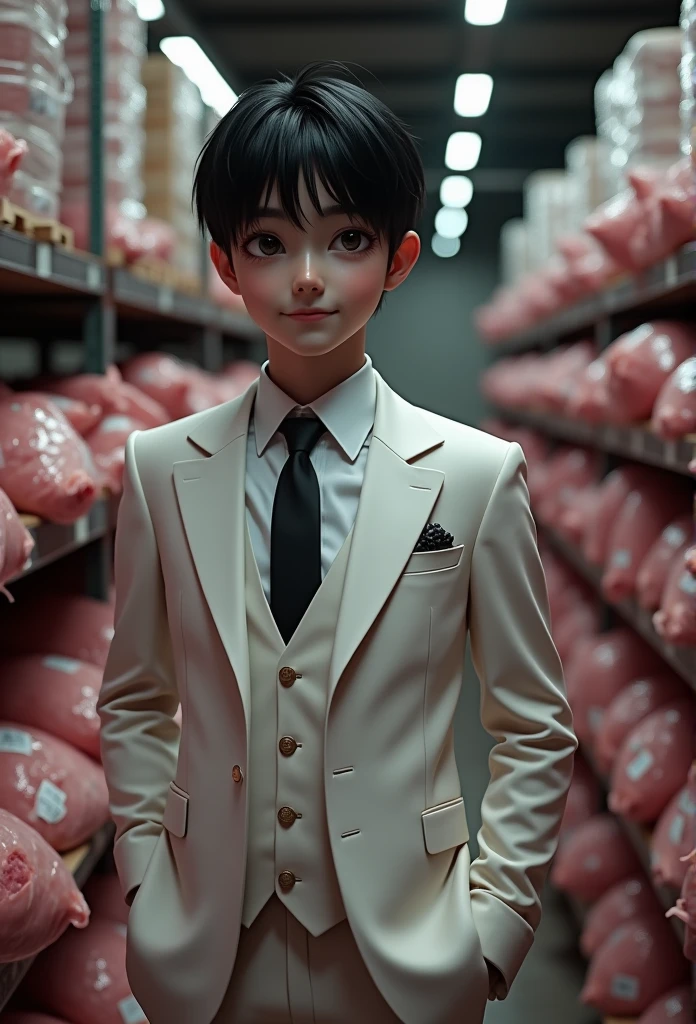 There&#39;s a handsome boy with a super detailed face, white suit, short black hair, super detailed characters, In the warehouse, which is heaped with flesh, carne, fresh meat, highly real, 4K, clair obscur, Super high detail